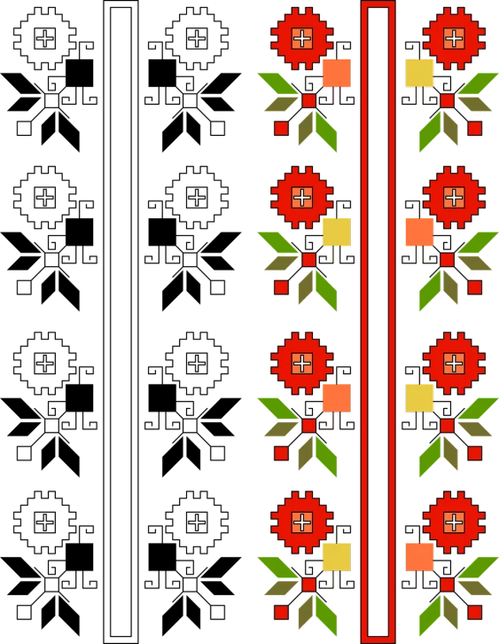 a cross stitch pattern with red flowers and green leaves, a digital rendering, inspired by Sándor Bortnyik, polycount, folk art, bright on black, red and black flags, phone wallpaper, solid background