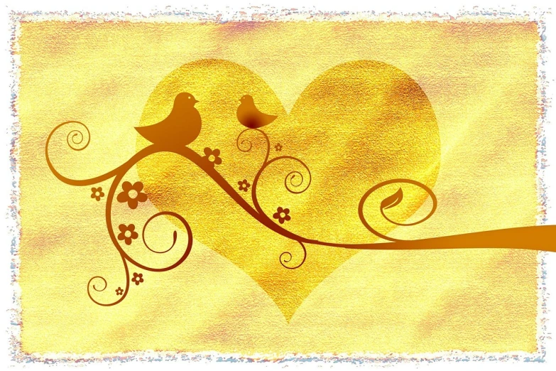 two birds sitting on a branch in front of a heart, inspired by János Valentiny, trending on pixabay, gold background, banner, wall art, high quality artwork