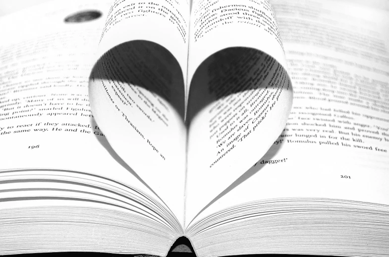 a book with a heart cut out of it, a black and white photo, beutiful, an enormous, reading the book about love, a super-smart