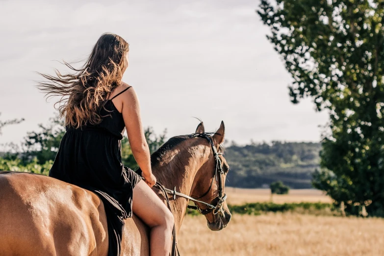 a woman riding on the back of a brown horse, a picture, by Etienne Delessert, shutterstock, figuration libre, summer feeling, half figure shot, instagram photo, flowing backlit hair