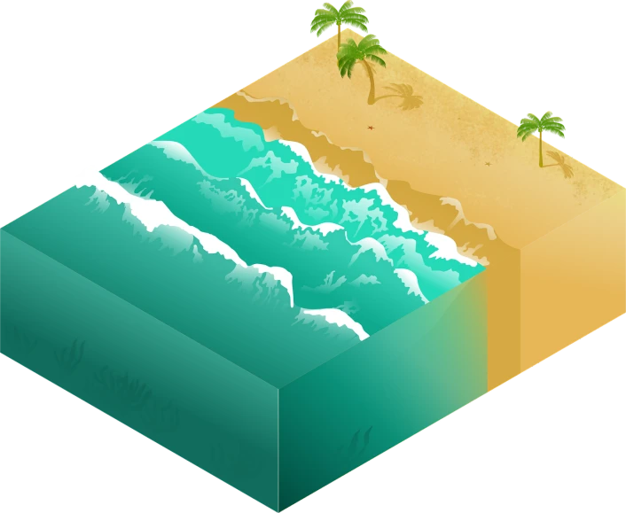 a view of a beach with palm trees and waves, an illustration of, polycount, isometric projection, deep sinkhole, rectangular, beach is between the two valleys
