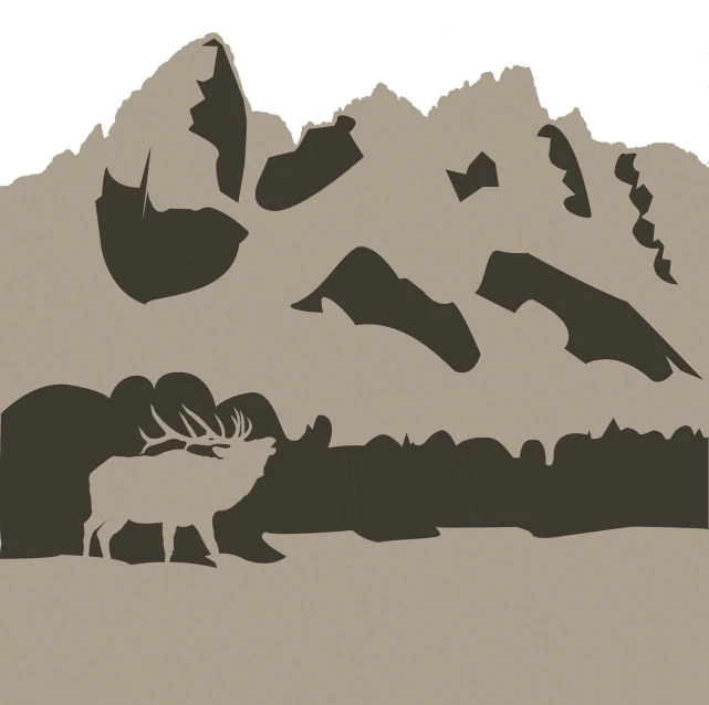 a silhouette of a deer in front of a mountain, a cave painting, inspired by Friedrich Gauermann, art deco, large rocky mountain, on clear background, iceland hills in the background, full width