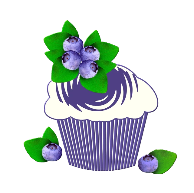 a cupcake with blueberries on top of it, a digital rendering, pop art, the background is black, gardening, cutout, portrait n - 9