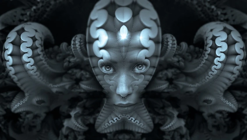 a black and white photo of an octopus, digital art, inspired by H. R. Giger, digital art, portrait futuristic solider girl, fractal ceramic armor, cute face. dark fantasy, detailed glowing head