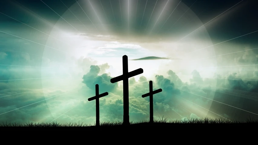 three crosses sitting on top of a hill under a cloudy sky, a picture, pixabay, unilalianism, tron legacy jesus christ, easter, dark background”, istock
