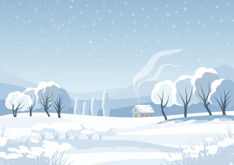 a snowy landscape with a house and trees, an illustration of, shutterstock, icey tundra background, simple and clean illustration, white steam on the side, whole page illustration