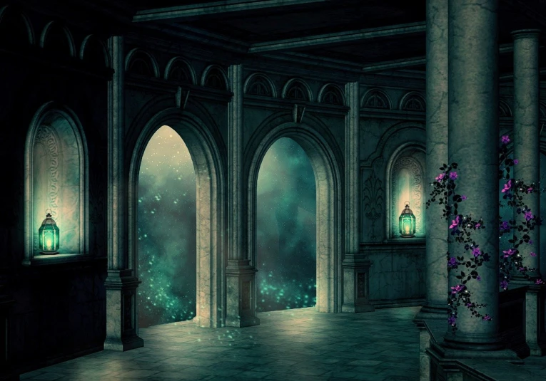 a dimly lit room with columns and lanterns, a detailed matte painting, inspired by Luigi Kasimir, shutterstock, fantasy art, dark pastel castle background, high quality fantasy stock photo, archway, stunning screenshot