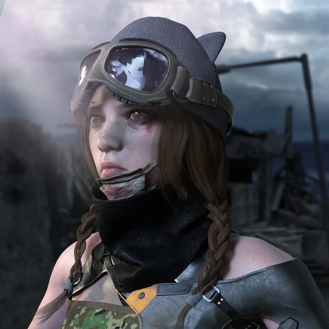 a close up of a person wearing a helmet and goggles, a character portrait, inspired by Leng Mei, in a post apocalyptic setting, photorealistic anime girl render, video game screenshot, iray