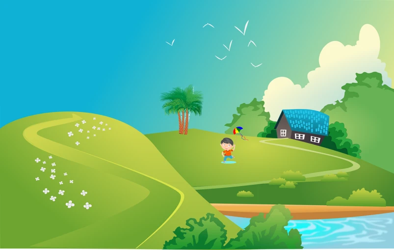 a person standing on a hill with a house in the background, an illustration of, happy kid, pond landscape, wide screenshot, whole page illustration