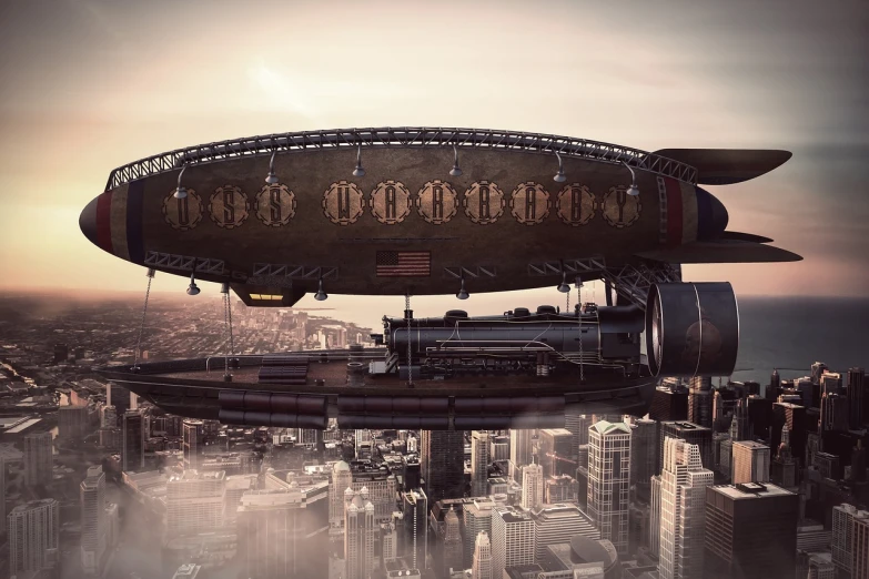 a large hot air balloon flying over a city, a detailed matte painting, by Artur Tarnowski, retrofuturism, cyberpunk elevated train, zeppelin dock, flying saucer in the sky, steampunk zeppelin