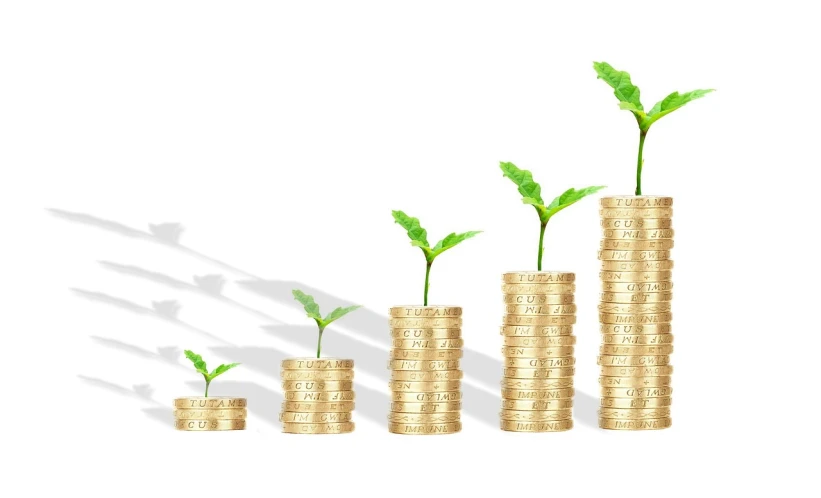 a stack of coins with a plant growing out of it, a digital rendering, by Siona Shimshi, trending on pixabay, arbeitsrat für kunst, white bg, bags of money, digital art - w 700, pillars