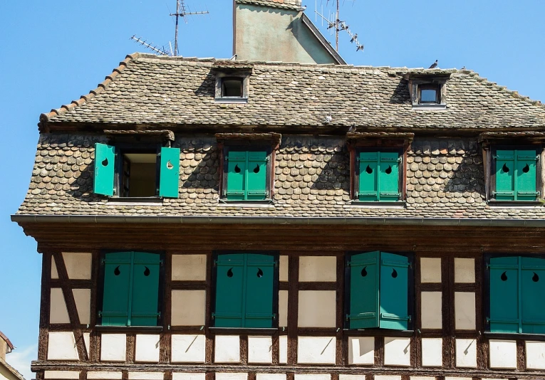 a brown and white building with green shutters, a photo, by Cedric Peyravernay, shutterstock, with roulettes in the roof, aquamarine windows, stock photo, shady