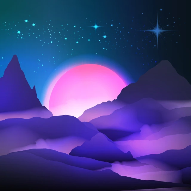 a sunset with mountains and stars in the background, vector art, space art, in volumetric soft glowing mist, vaporwave colors, medieval fantasy landscape, surreal frozen landscape