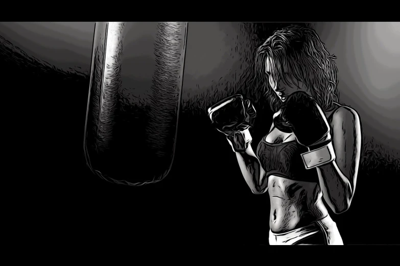 a woman standing next to a punching bag, vector art, by Daryush Shokof, trending on pixabay, shock art, high contrast of light and dark, sketched 4k, youtube thumbnail, fitness