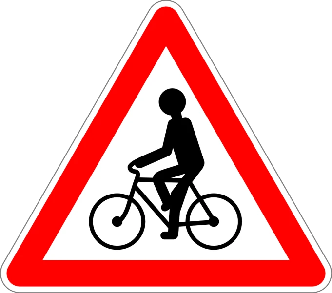 a red triangle with a picture of a man riding a bike, pixabay, bauhaus, sign, hindu, ƒ/3.5, heavy traffic