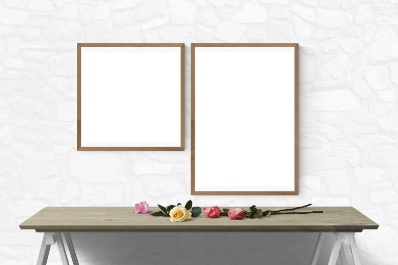 two empty picture frames sitting on top of a wooden table, a picture, inspired by Agnes Martin, pexels, white background wall, flower frame, wooden ceiling, poster template on canva