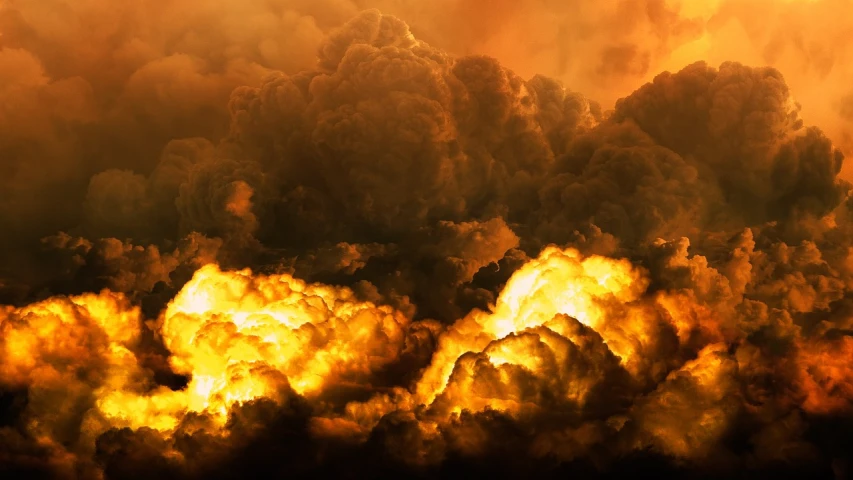 a plane flying through a cloud filled sky, a picture, by Adam Marczyński, precisionism, [explosions and fire], yellow volumetric fog, hell and heaven, looks at the big explosion