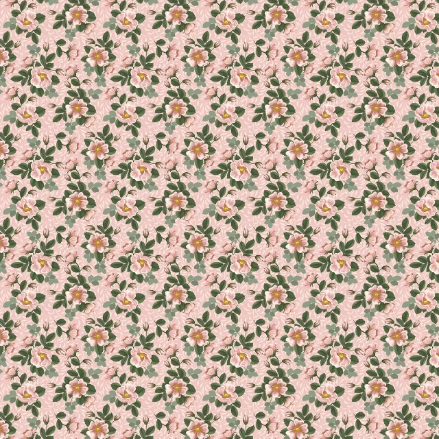 a floral wallpaper with pink flowers and green leaves, inspired by Miyagawa Chōshun, pink rosa, corduroy, slightly pixelated, victoriana