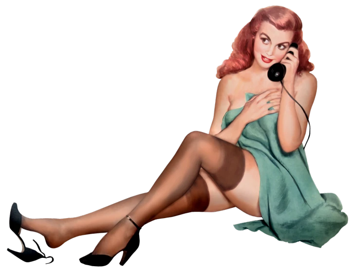 a woman sitting on the ground talking on a telephone, inspired by Gil Elvgren, drawn with photoshop, velvet stockings, sandy green, massive legs towering over you