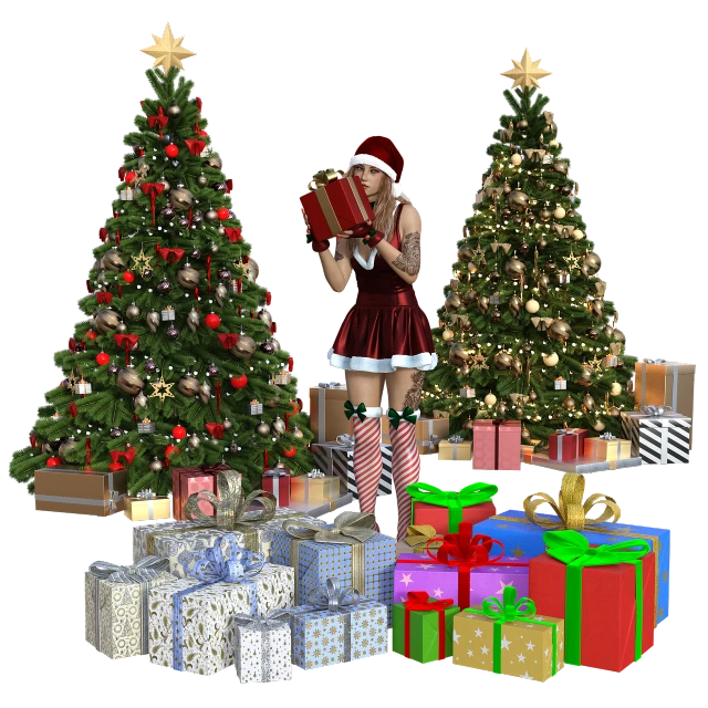 a woman standing in front of a christmas tree with presents, inspired by Alison Kinnaird, figuration libre, high resolution ultradetailed, 3d models, lowres, 2 d cg