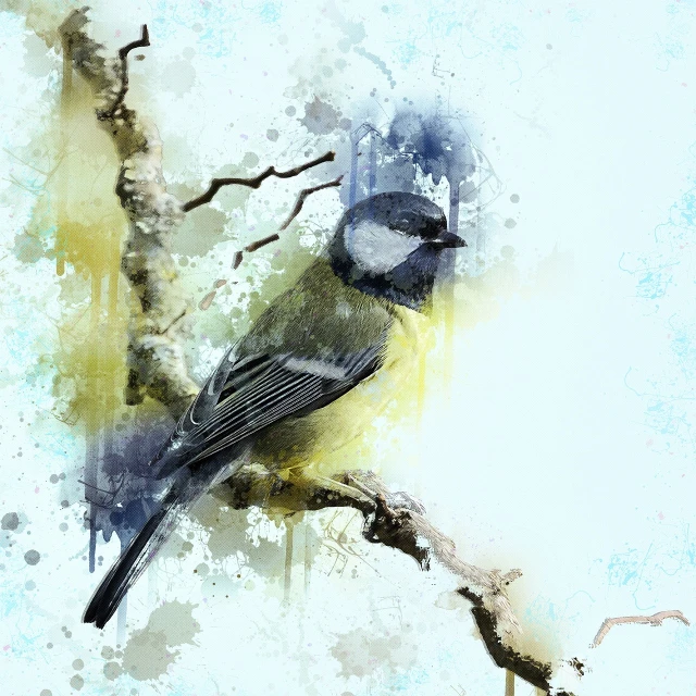 a watercolor painting of a bird perched on a tree branch, a watercolor painting, trending on pixabay, modern european ink painting, mixed media style illustration, digital oil on canvas, blue and yellow fauna, air brush illustration