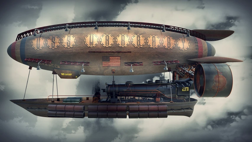 a steam powered airship flying through a cloudy sky, cg society contest winner, zeppelin dock, the inside of a ufo, steampunk design, utilitarian cargo ship