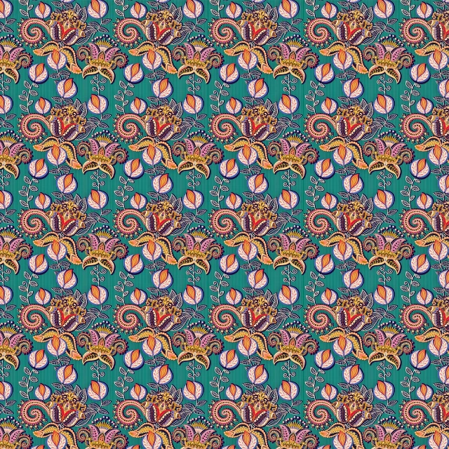 a colorful paisley pattern on a green background, trending on pixabay, pink orange flowers, repeating pattern. seamless, coloured in blueberra and orange, on the ocean