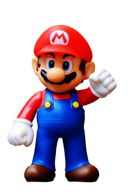 a close up of a figurine of a mario, inspired by Mario Comensoli, pexels, pop art, with a black background, 2 5 6 x 2 5 6 pixels, full body hero, waving at the camera