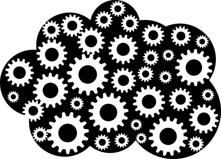 a bunch of white gears on a black background, by Mirko Rački, pixabay, computer art, vector graphic, amusing, panel of black, istock