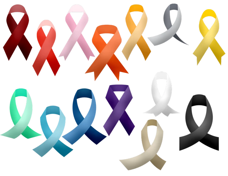 a group of different colored ribbons on a black background, concept art, by David Burton-Richardson, flickr, digital art, the cure for cancer, no gradients, symbols, wide screenshot
