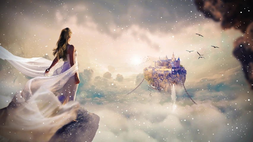 a woman standing on top of a cliff next to a ship, trending on pixabay, fantasy art, palace floating in heaven, view above the clouds, fairy dust in the air, magical castle