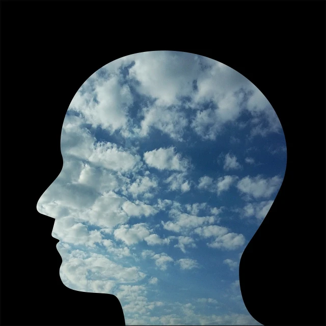 a silhouette of a man's head with clouds in the background, a picture, inspired by Rene Magritte, surrealism, nootropic stimulant, transparent face, meditation, half - length head portrait