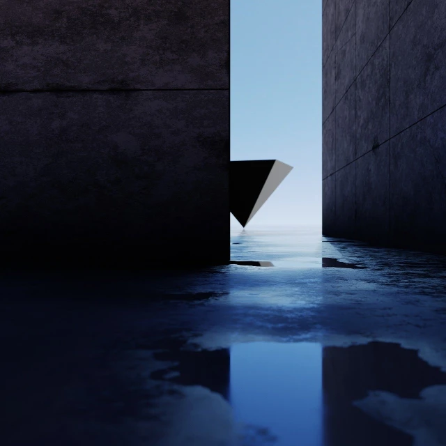 a reflection of a building in a puddle of water, a 3D render, inspired by Tadao Ando, polycount contest winner, abstract geometrical shapes, next to the reflecting ocean, untethered stelae, open wall architecture