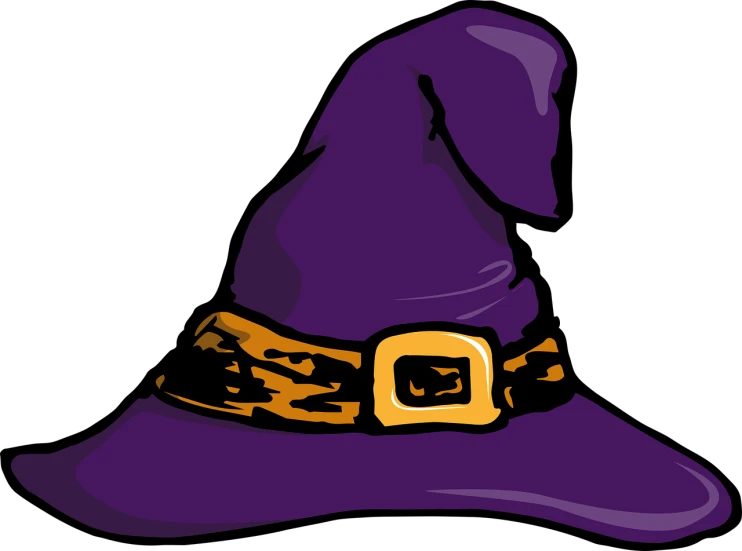 a purple witch hat with a gold buckle, a cartoon, by Pamela Drew, pixabay, in a dark, colored sketch, spooky halloween theme, long night cap