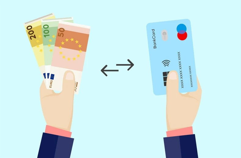 a hand holding a credit card and another hand holding a credit card, an illustration of, by Matija Jama, shutterstock, banknote, flat vector, european union, simple and clean illustration