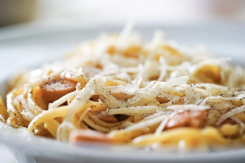 a plate of pasta with sausage and cheese, inspired by Gianfredo Camesi, pexels, closeup - view, strings, wikimedia commons, close-up product photo