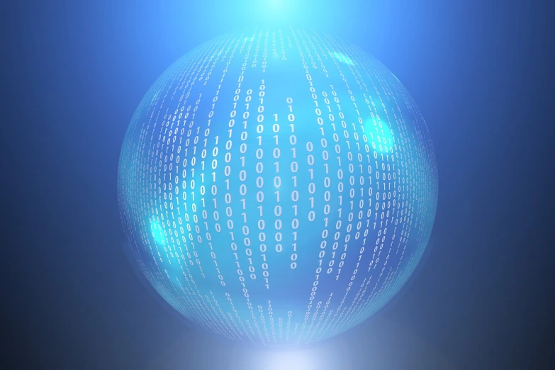 a blue sphere with numbers coming out of it, digital art, vector, binary, with a blue background, flash photo