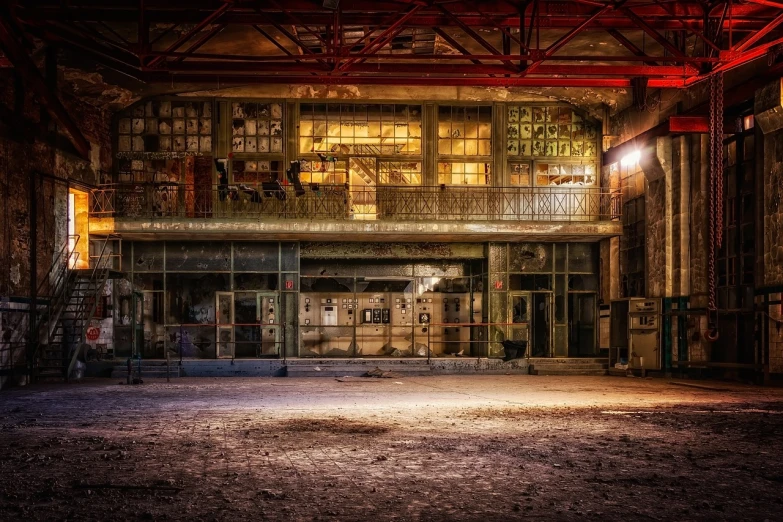 a building that has a lot of windows in it, by Thomas Häfner, pexels contest winner, graffiti, abandoned night hangar, tonemapped, smelting pit'beeple, old cinema