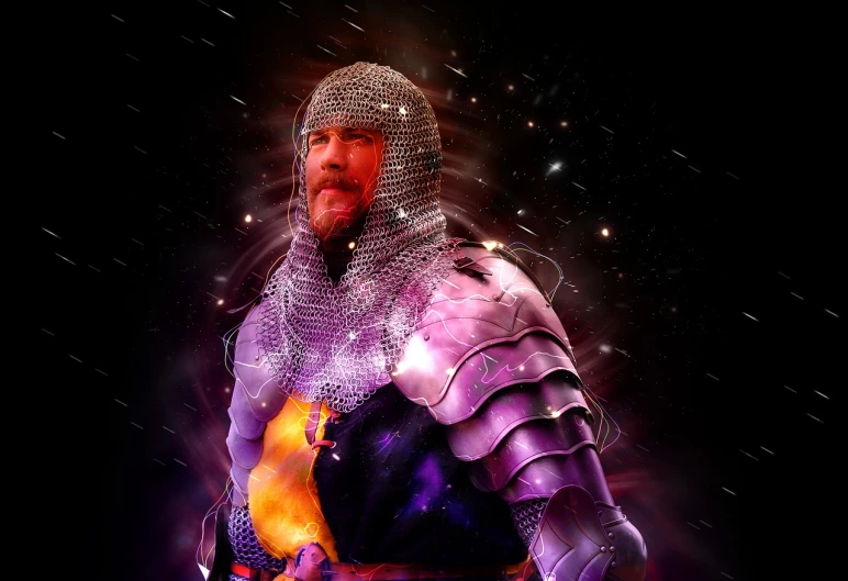 a man dressed in armor holding a bird, digital art, inspired by Robert Walker Macbeth, floating in the cosmos nebula, wearing chainmail armor, triple h, bright light masterpiece