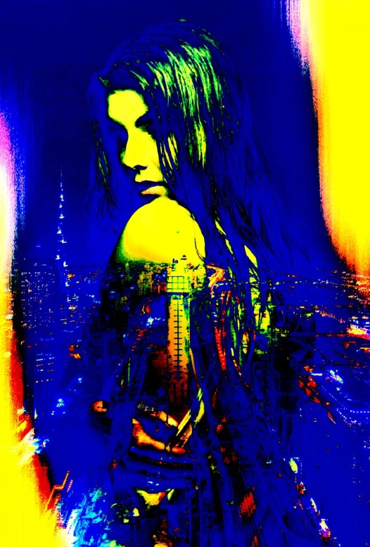 a digital painting of a woman in a city, digital art, inspired by LeRoy Neiman, digital art, psychedelic photoluminescent, blue and yellow, !!! colored photography, twilight ; digital painting