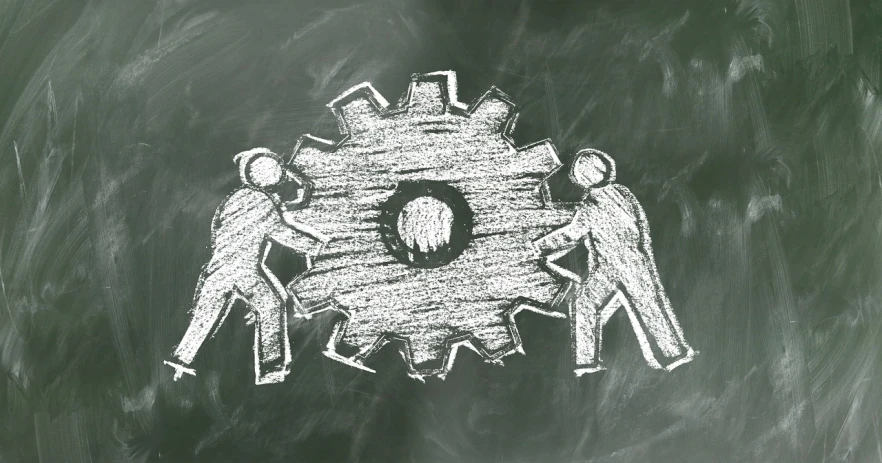 a group of people standing on top of a blackboard, cogwheel, two people, high details photo, devfiantart