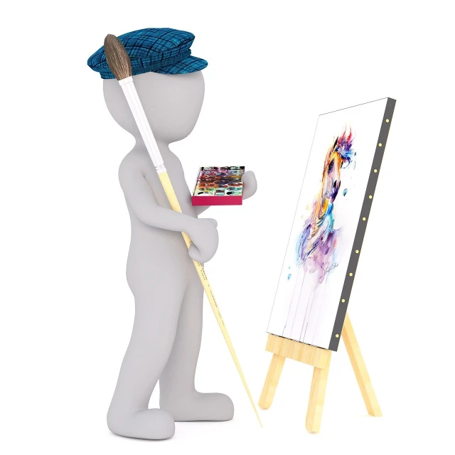 a person standing next to a easel with a painting on it, a picture, inspired by artist, pixabay contest winner, 3 d character render, character with a hat, painted with colour on white, furry artist