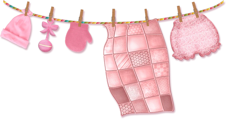 clothes and mittens hanging on a clothes line, a digital rendering, inspired by Masamitsu Ōta, pixabay contest winner, process art, shades of pink, quilt, apron, closeup - view