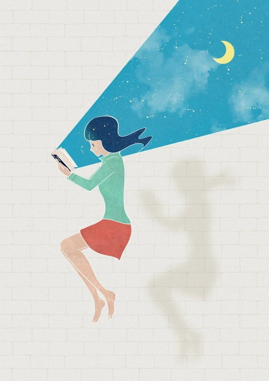 a woman flying through the air while holding a book, a storybook illustration, inspired by Emiliano Ponzi, conceptual art, checking her cell phone, waiting behind a wall, wikihow illustration, light beam