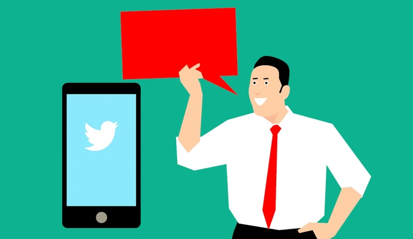 a man standing next to a cell phone with a twitter logo on it, a picture, trending on pixabay, digital art, red and cyan theme, corporate boss, selfie of a man, holding a red banner