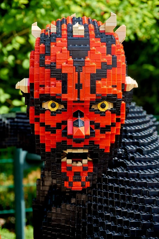 a close up of a person made out of legos, by Adam Rex, darth maul, symmetrical mouth, very very well detailed image, detailed wide shot