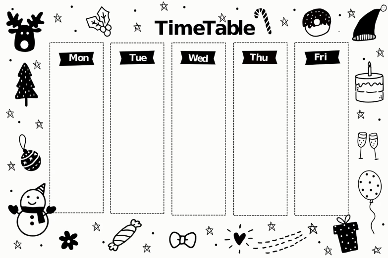 a black and white timetable with a christmas theme, lineart, minimalism, snacks, romantic, tabletop game board, remarkable