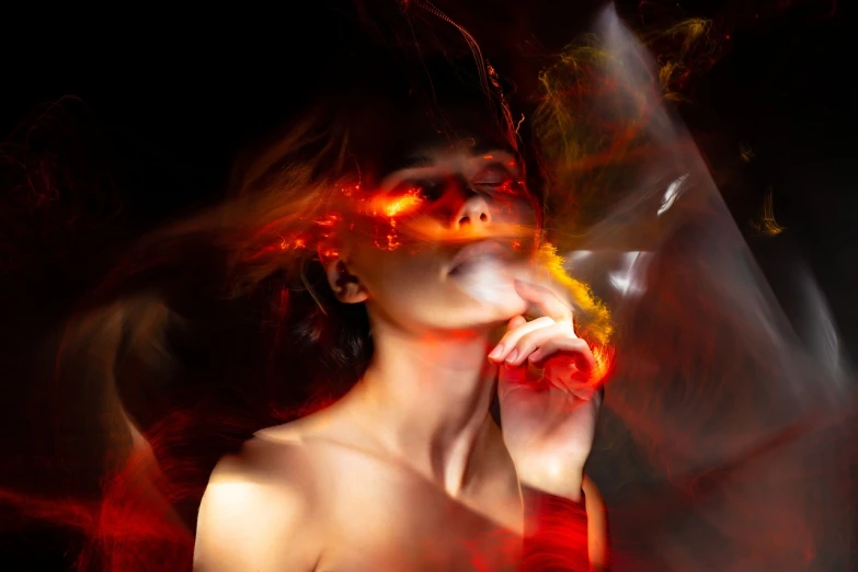 a woman in a red dress smoking a cigarette, digital art, by Aleksander Gierymski, shutterstock, body made of fire, transparent vibrant glowing skin, stable diffusion self portrait, fire from mouth
