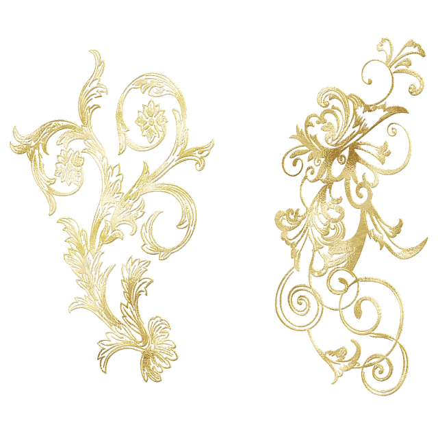 a close up of two ornate designs on a black background, a digital rendering, baroque, gold plated, front back view and side view, flowers. baroque elements, gold and luxury materials
