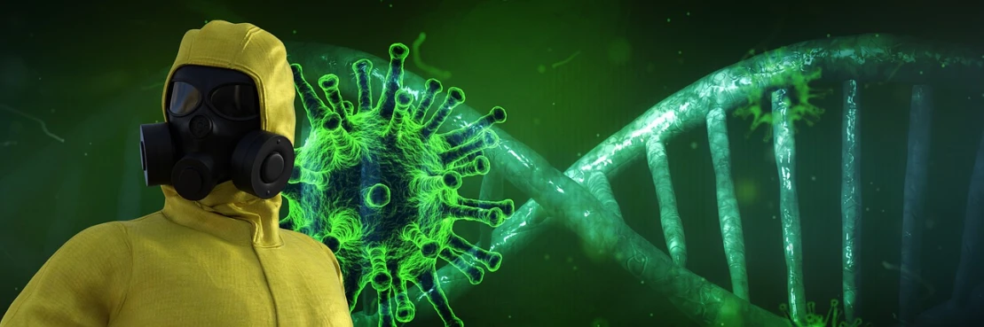 a man in a yellow jacket wearing a gas mask, a digital rendering, by Sebastian Vrancx, pixabay, conceptual art, dna helix, poster of corona virus, green skin with scales, courtesy of mbari